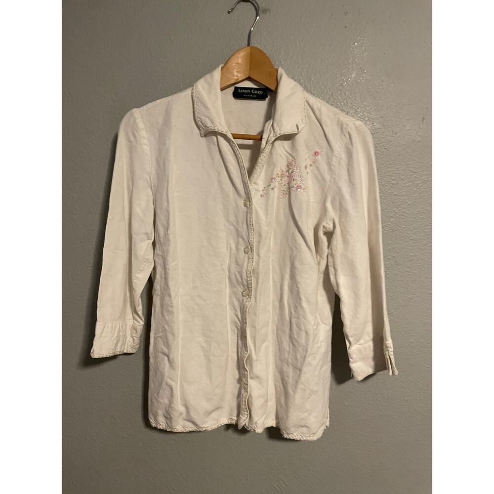 Lemon Grass Top Womens Small White Floral Embroidered Sequin Fairy Y2K READ